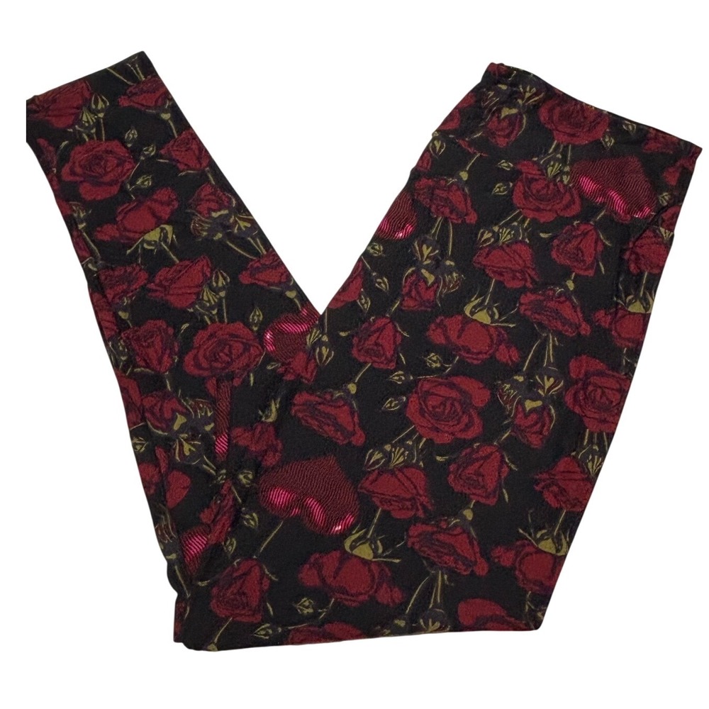 LuLaRoe Womens Leggings Size TC2 Black Red Hearts Roses Floral Plus 18+ NWT